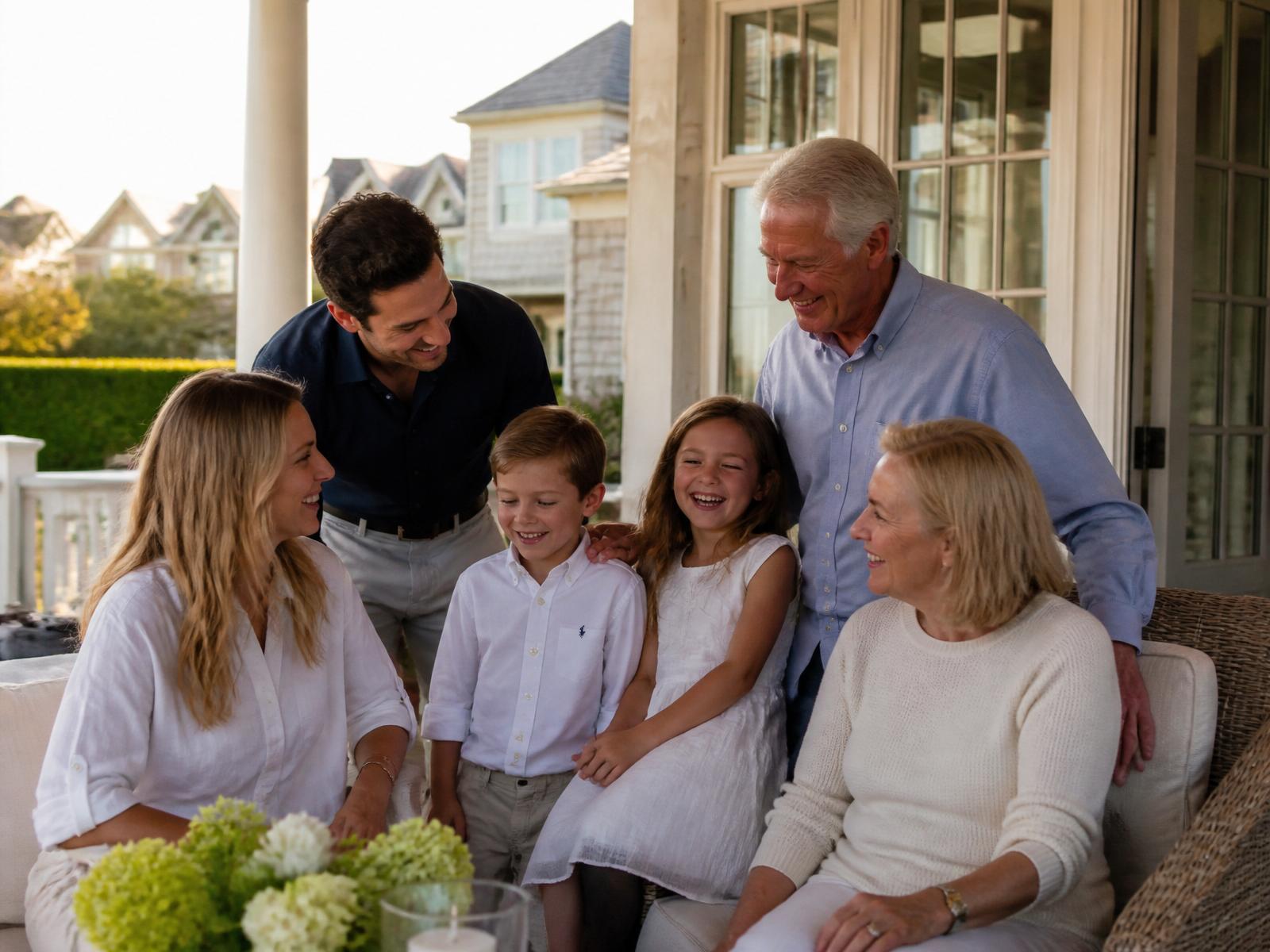 Grandparents and grandchildren together on the porch of a Nassau County home